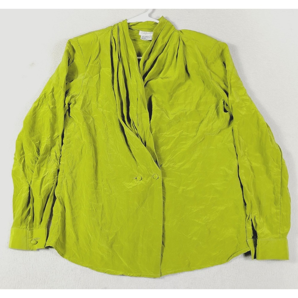 Vintage K Arnold Blouse Womens Small Green Silk Long Sleeve Draped Tunic Padded